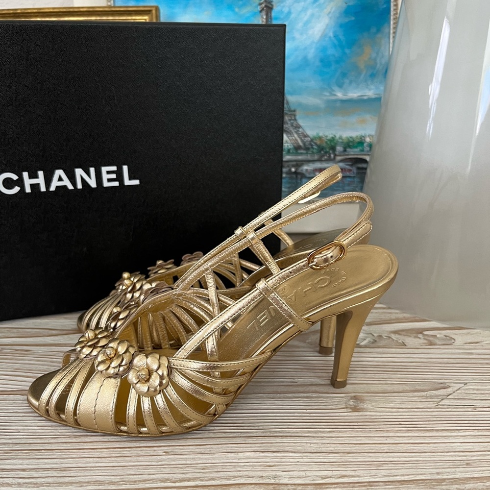 Chanel Gold Camellia Heel Slingbacks